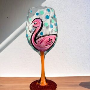 Pink Flamingo Stem Wine Glass , Hand Painted With Dots Tropical Palm Beachy